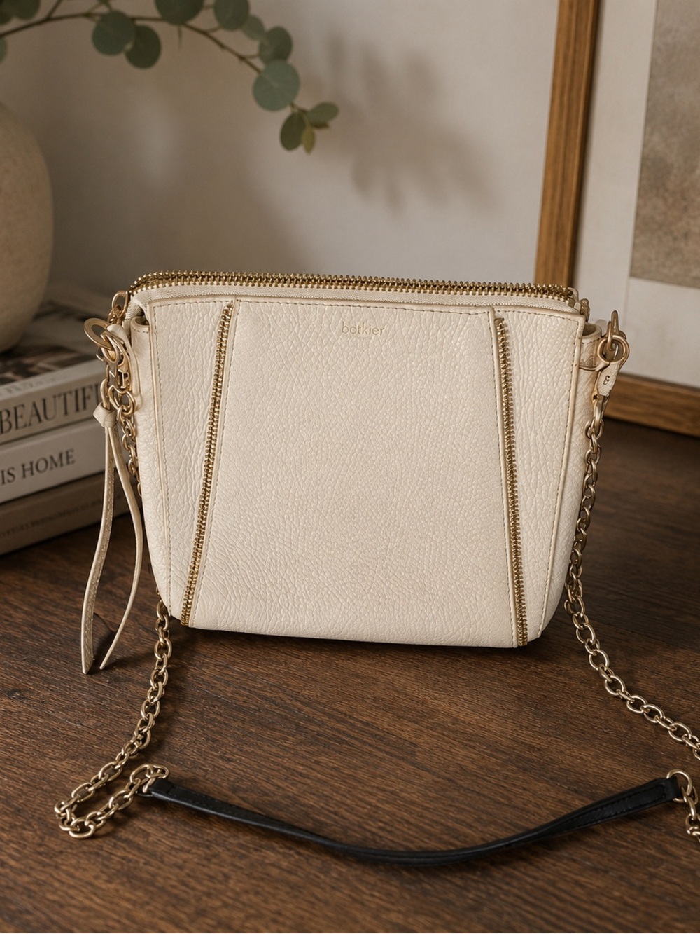 Botkier Cream Leather Crossbody with Gold Chain Trim